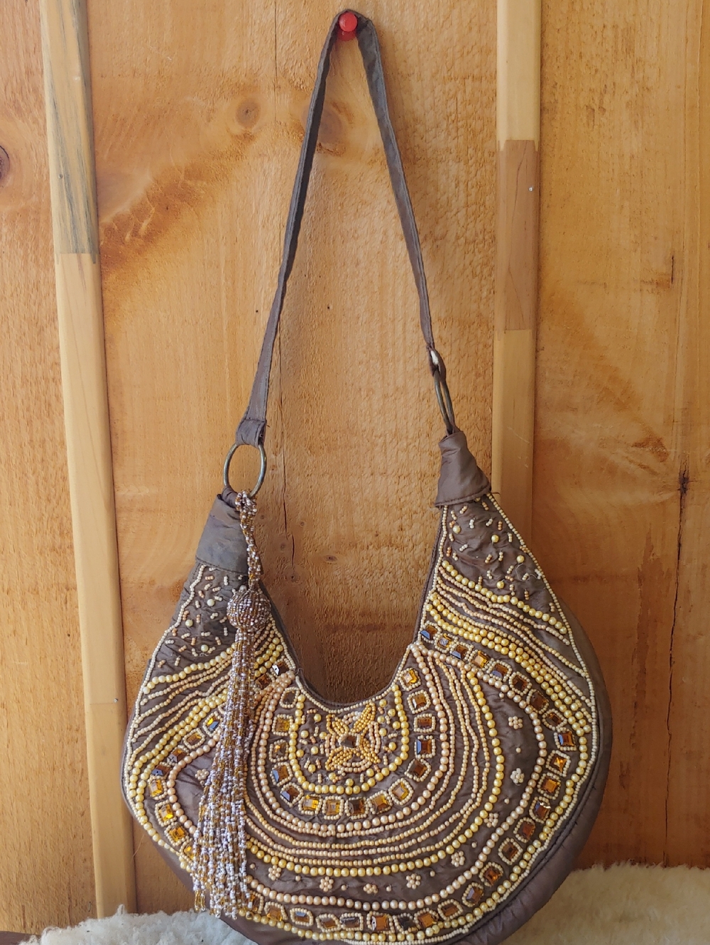 MaggiB Beaded Crescent Hobo Bag in Taupe with Gold Accents